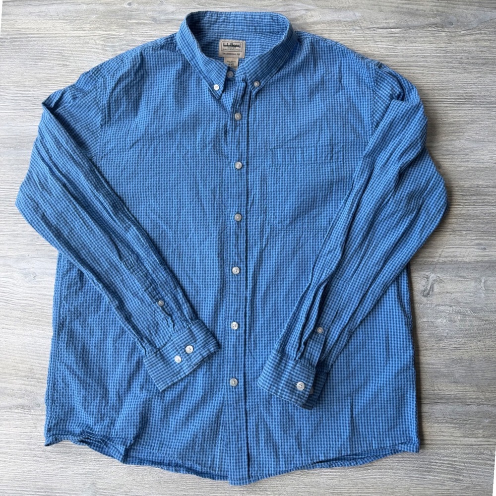 LL Bean Mens Traditional Fit Organic Cotton Gingham Button Down Shirt Blue M-REG